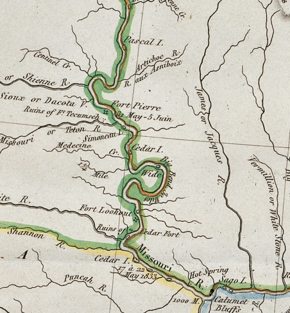Upriver route below and above Fort Pierre, mid-May to mid-June 1833. Detail taken from Maximilian’s Reise map. The green line denotes a border of Dacota territory; yellow denotes Ponca; light blue denotes Omaha. “I.” is the abbreviation for “Island;” “V” for “Village.”