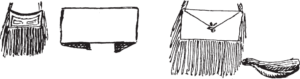 Figure 13.6. Blackfoot “parchment” (hide) storage containers and serving utensil. Woodcut illustrations of the two fringed bags and a more elaborate horn dipper were included in the Reise