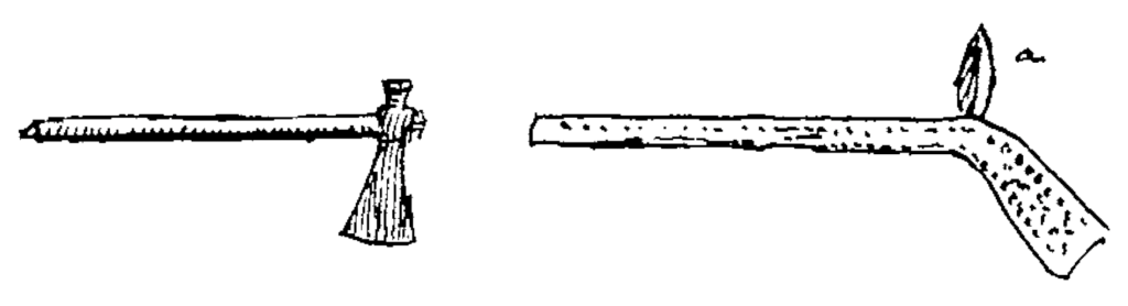 Figure 35 & 36. “Tomahawk.” and Battle club: “the blade, ‘a,’ is sharp and 6 to 8 inches long.”