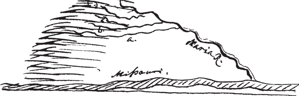 Figure 12.15. Map of the sources of the Marias River: “‘a’ rivière aux Feuilles; ‘b’ r. aux Bouleaux; ‘c’ r. au Blaireau; ‘d’ r. des deux Loges de Médecine; ‘e’ r. des Écores. It is a good day’s journey from the river ‘a’ to the one at ‘e.’”