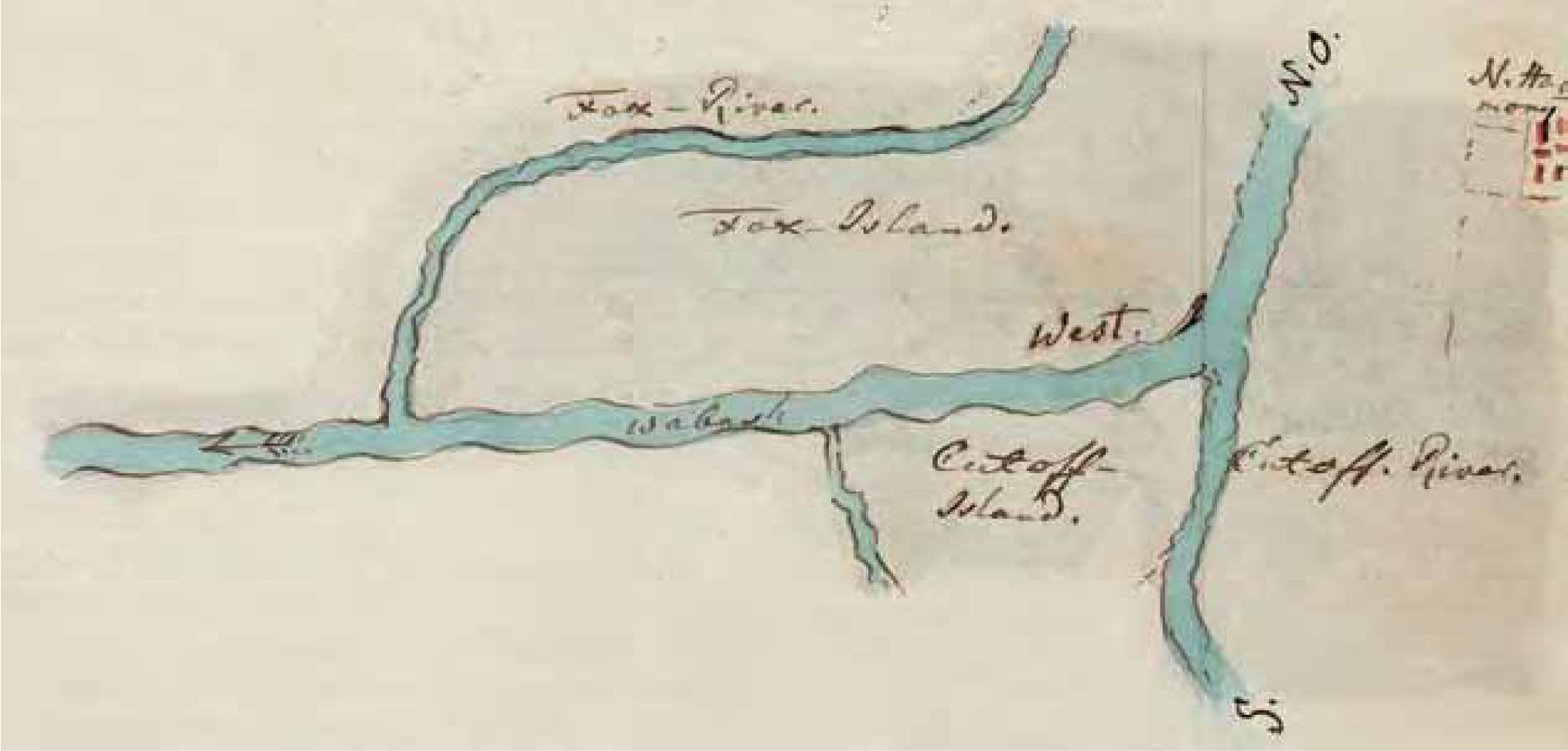 Figure 5.8. Map showing the confluence of the Fox and Cutoff rivers with the Wabash; “N.O.” indicates northeast. The town of New Harmony is represented by the small drawing at the right of the map.
