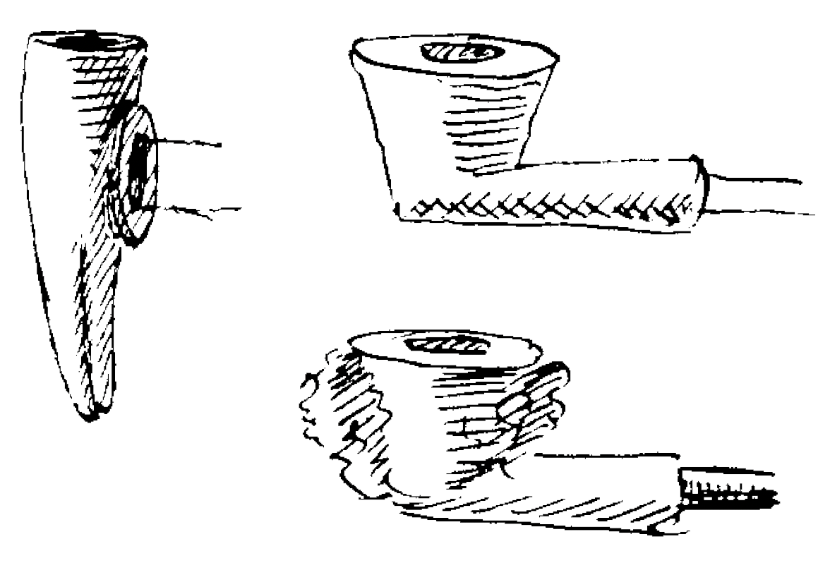 Figure 5.16. (a) “Pipe bowls of the ancient Indians found in the Harmony region along the Wabash and Ohio.” (b) Pipe bowls of the “still existing” Indians. (c) “Frequently decorated with human heads and figures. Often a hand’s length. Neck, especially, very long.”