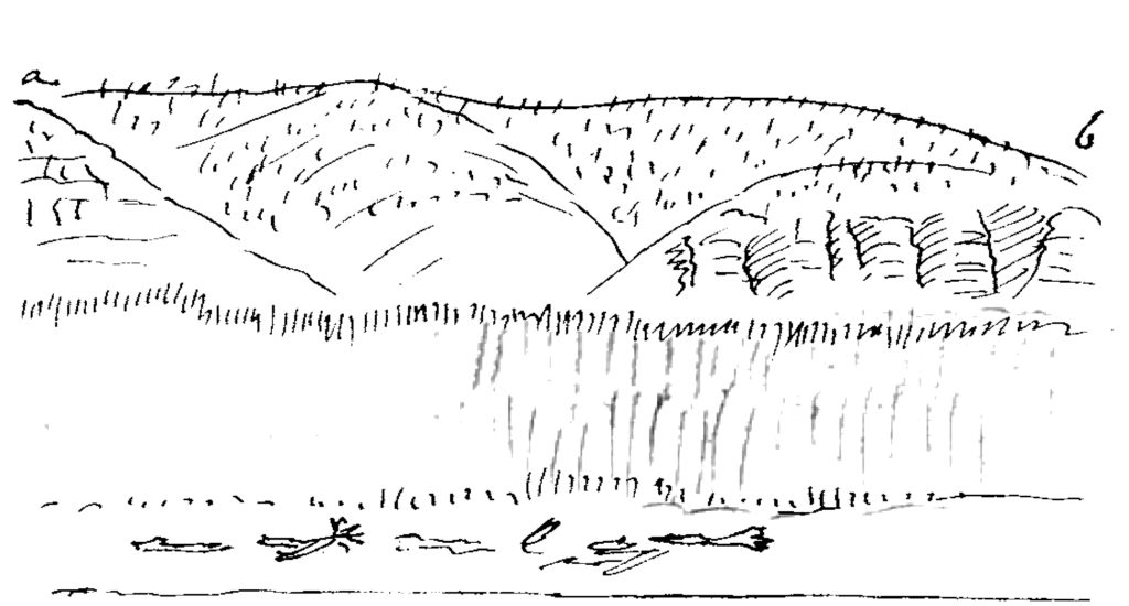 Figure 6.20a–b. “Magnificent, rounded-off wooded hills, some with mostly limestone strata. Wild geese very close; we shoot. White gulls. Cottonwood. Sand.”