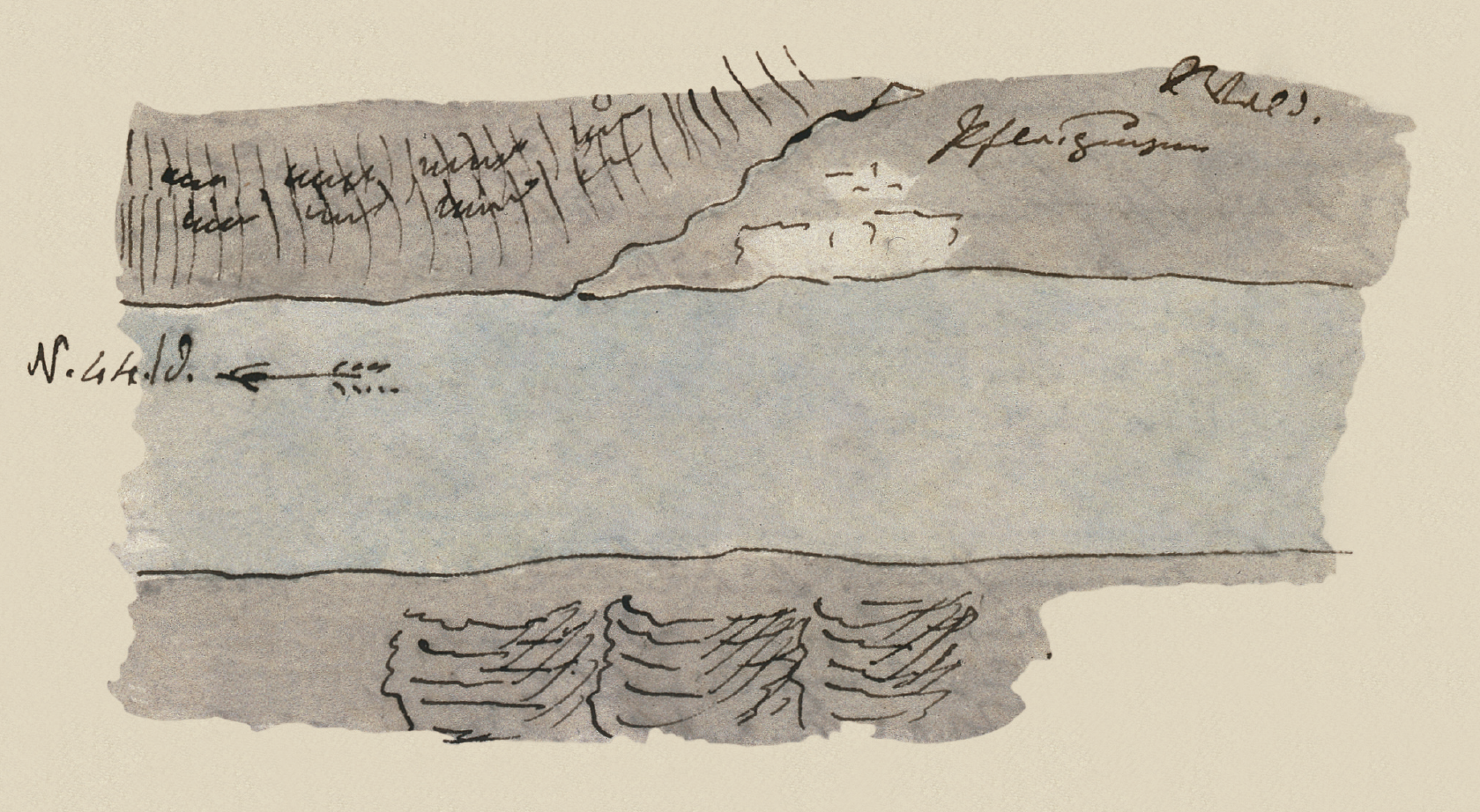 Figure 7.18. Map of the Missouri River near Hermann, Missouri. Maximilian indicates with an arrow and a difficult-to-read notation that the direction of the river is 44 degrees north of west. On the bank above, he draws attention to cultivated fields or farmsteads (Pflanzungen) between the river and the woods (Wald).