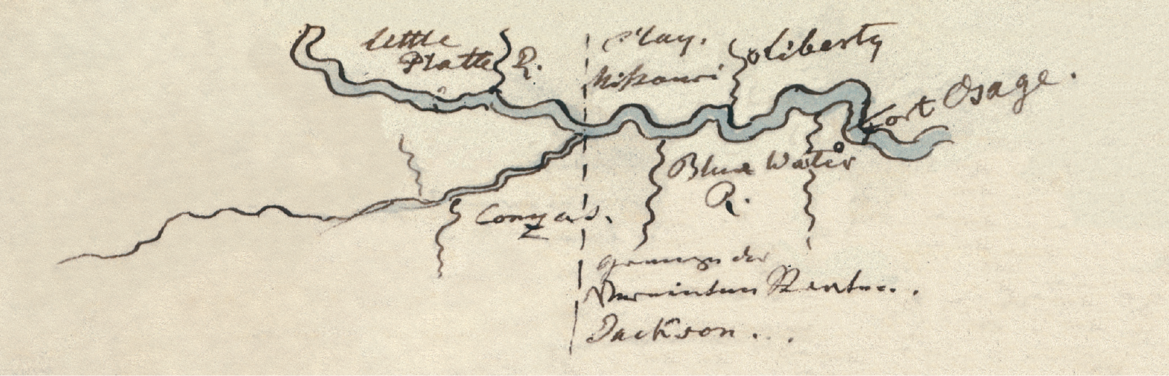 Figure 7.29. Map of the region around Liberty, Missouri. Included are Clay and Jackson counties, Fort Osage, and the Kansas (“Conza”), Blue (“Blue Water”), and Platte (“Little Platte”) rivers. The dotted line marks “the border of the United States.” Probably copied from Maximilian’s 1831 Missouri map or a Tanner map of the period.
